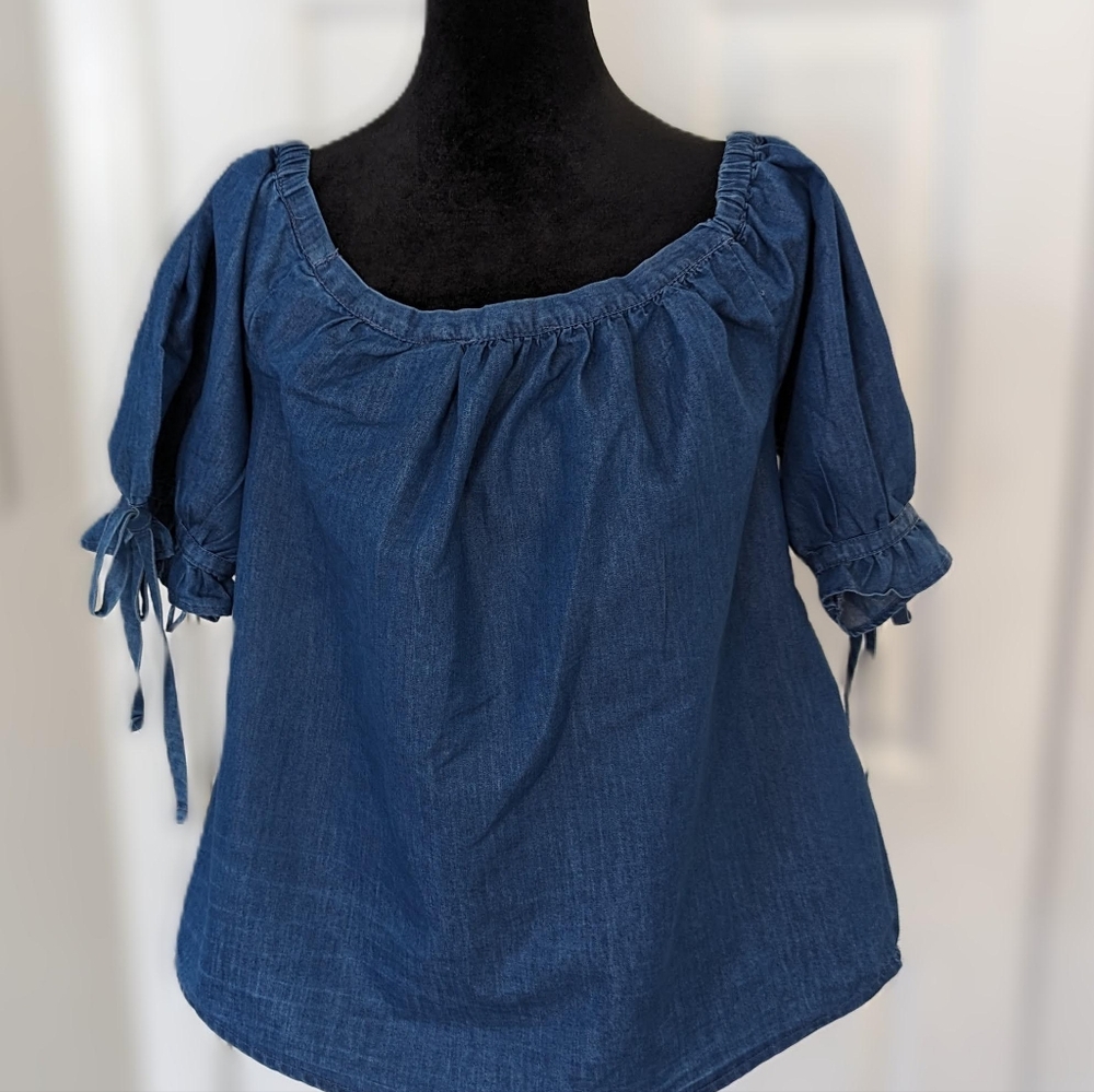 Alex & Parker Bow Puff Sleeve Off Shoulder Denim Blouse Size S